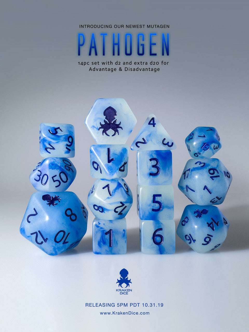 Pathogen 14pc Glow in the Dark Kraken Logo with Blue Ink for RPGs